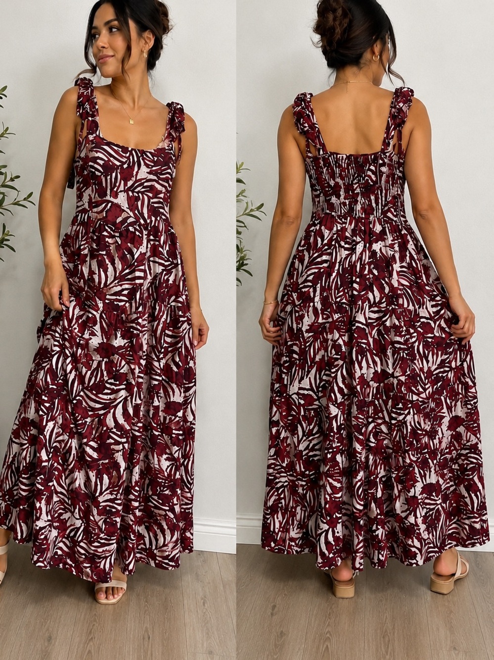 Kenny Flowers Burgundy Floral Maxi Dress with Tie Straps